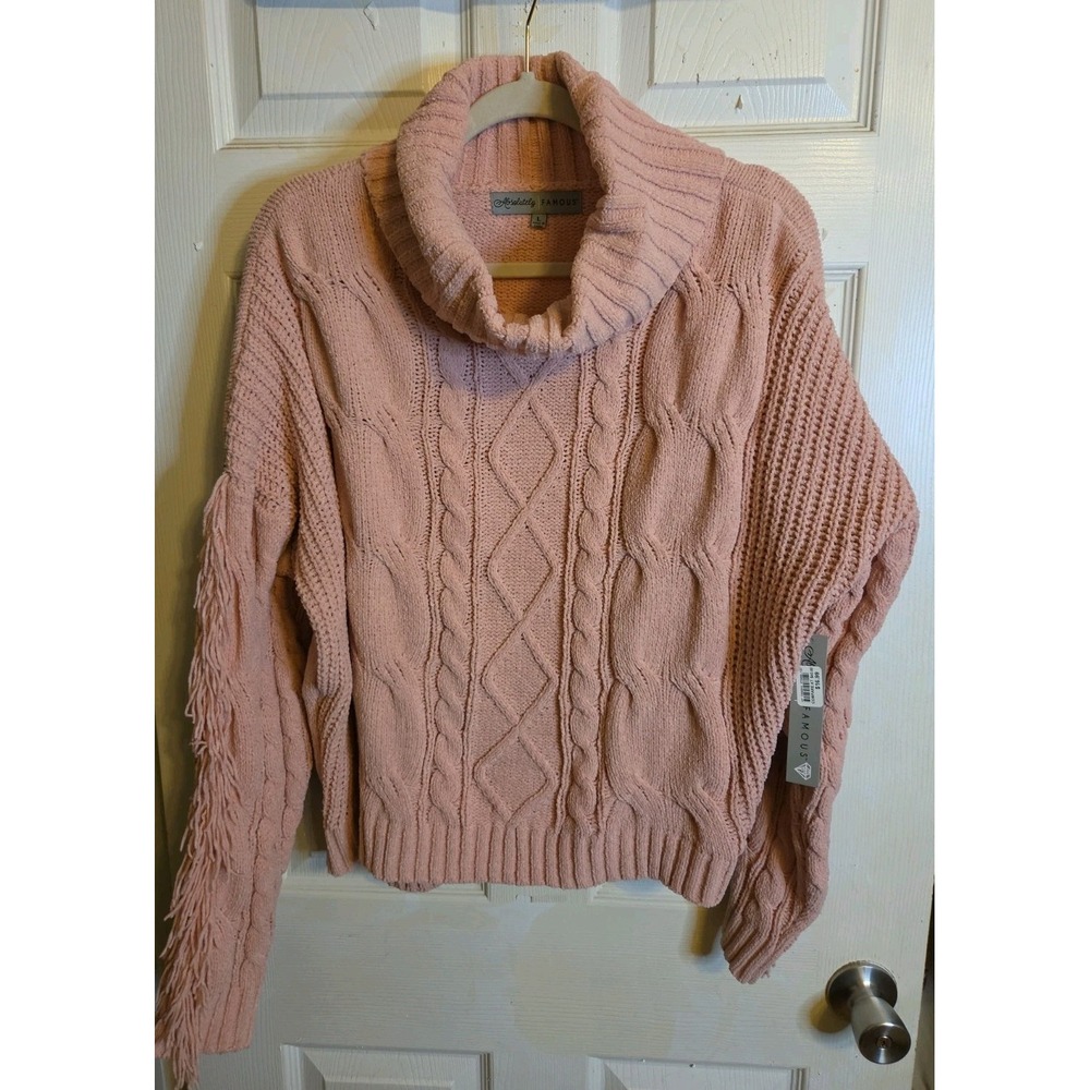 Absolutely Famous Womens L Pink Cable Knit Fringe Sleeve Cowl Neck Sweater NWT